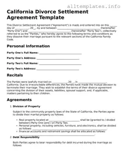 Attorney-Approved  Divorce Settlement Agreement Document for California