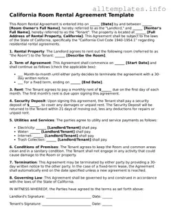Attorney-Approved  Room Rental Agreement Document for California