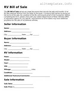 Fillable RV Bill of Sale Document