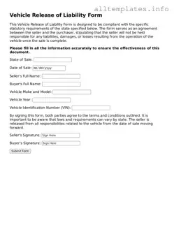 Fillable Vehicle Release of Liability Document