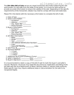 Fillable Dirt Bike Bill of Sale Document