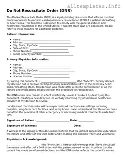 Fillable Do Not Resuscitate Order Document