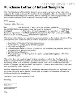 Fillable Purchase Letter of Intent Document
