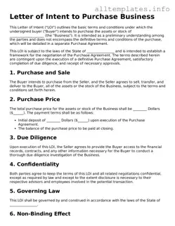 Fillable Letter of Intent to Purchase Business Document