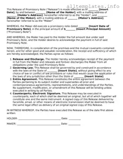 Fillable Release of Promissory Note Document