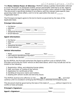 Fillable Motor Vehicle Power of Attorney Document