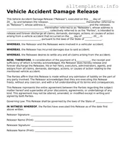 Fillable Vehicle Accident Damage Release Document