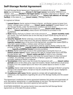Fillable Self-Storage Rental Agreement Document