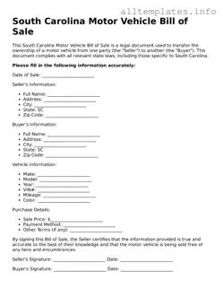 Attorney-Approved  Motor Vehicle Bill of Sale Document for South Carolina