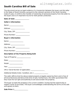 Attorney-Approved  Bill of Sale Document for South Carolina