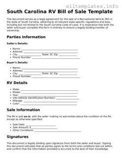 Attorney-Approved  RV Bill of Sale Document for South Carolina