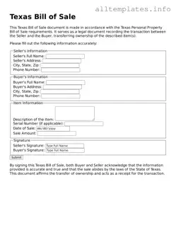 Attorney-Approved  Bill of Sale Document for Texas