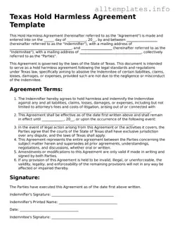Attorney-Approved  Hold Harmless Agreement Document for Texas