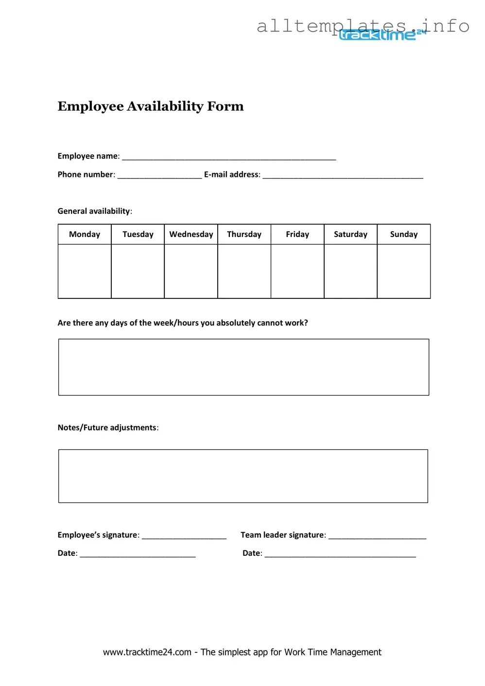 Fill Your Employee Availability Template