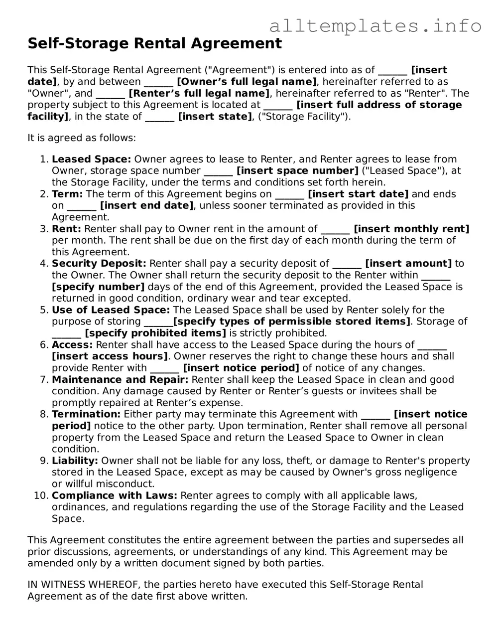 Fillable Self-Storage Rental Agreement Document
