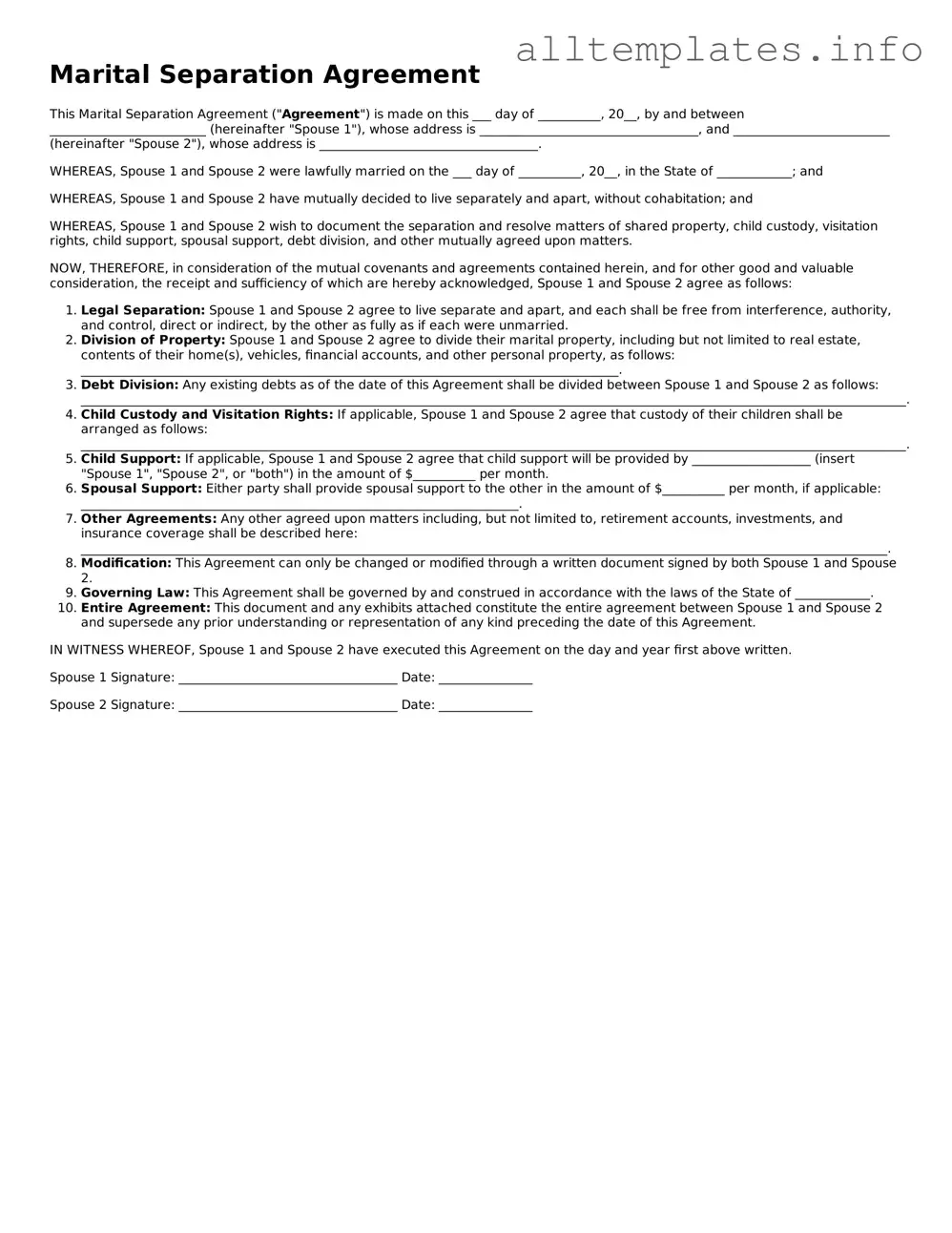 Fillable Marital Separation Agreement Document