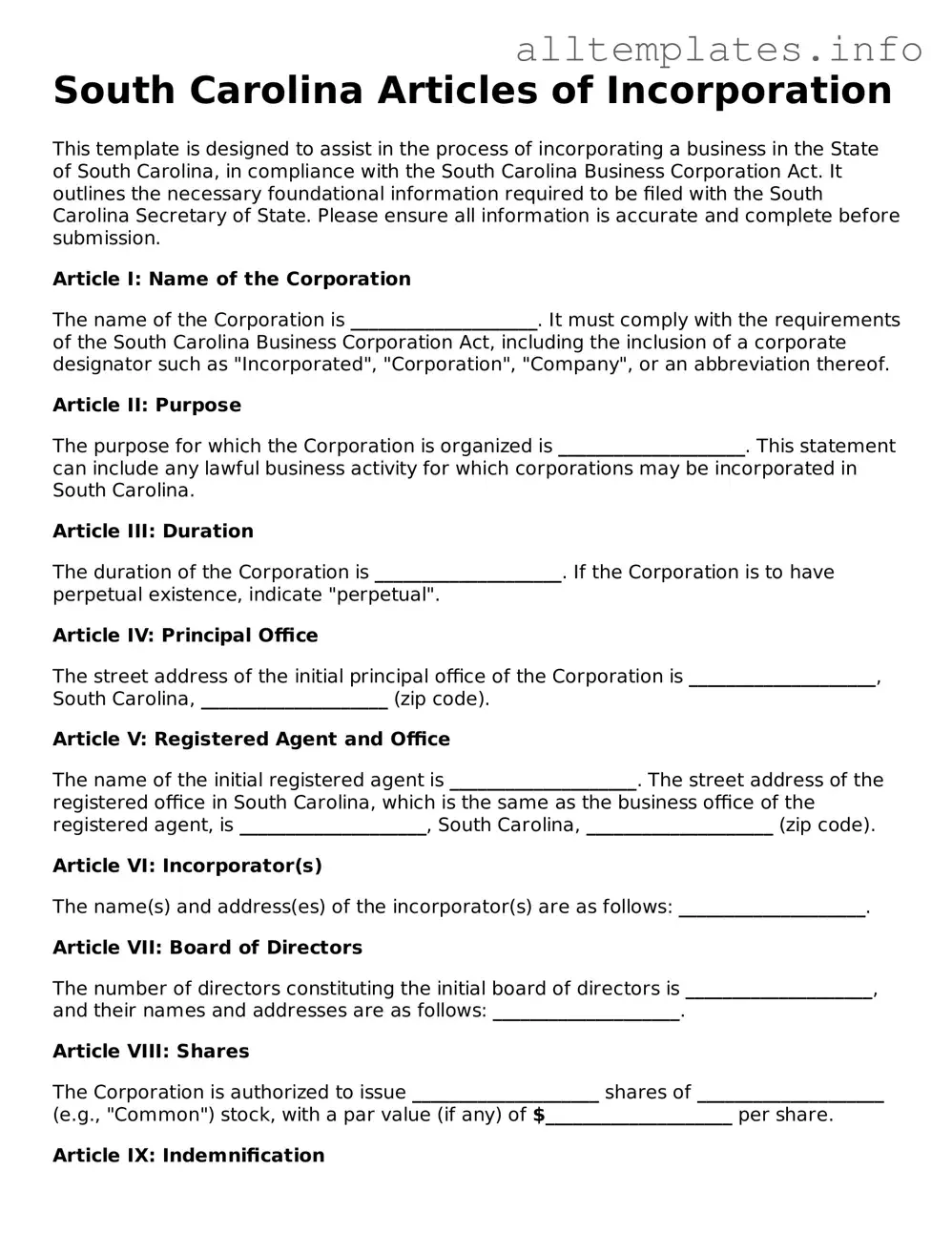 Attorney-Approved  Articles of Incorporation Document for South Carolina