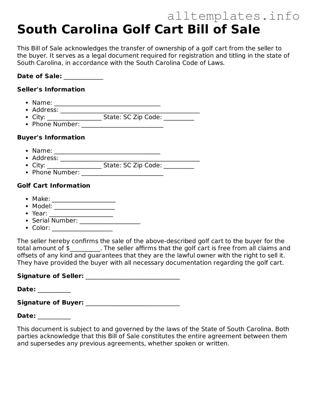 Attorney-Approved  Golf Cart Bill of Sale Document for South Carolina