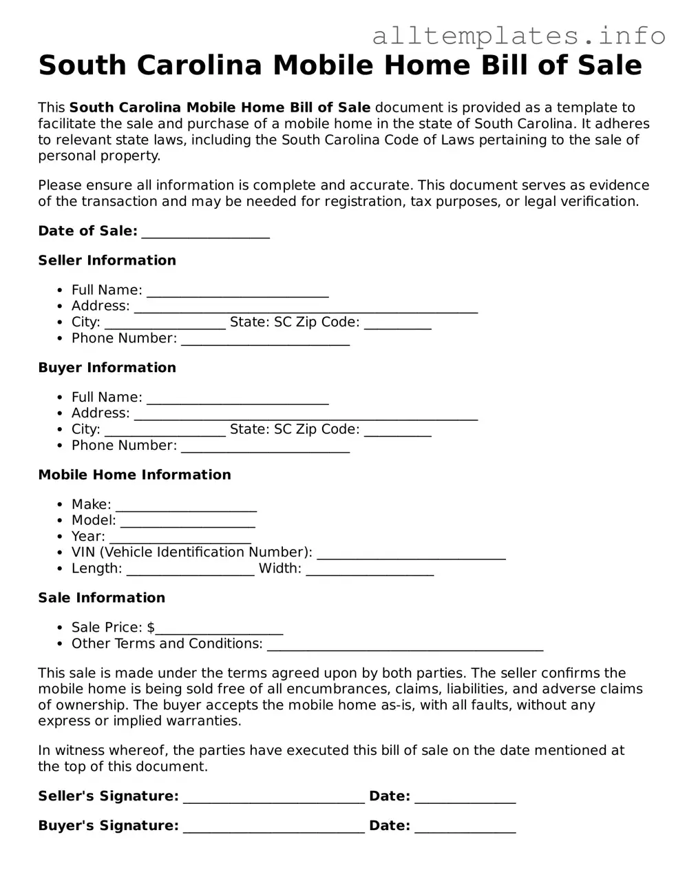 Attorney-Approved  Mobile Home Bill of Sale Document for South Carolina