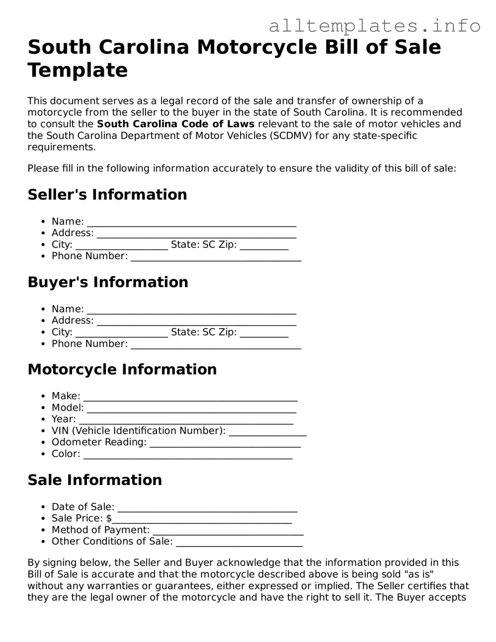 Attorney-Approved  Motorcycle Bill of Sale Document for South Carolina