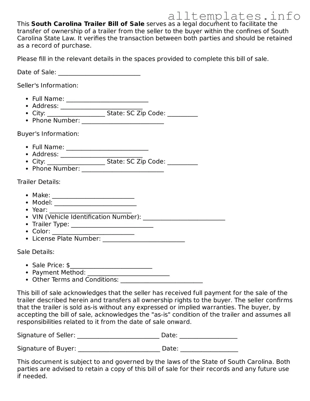 Attorney-Approved  Trailer Bill of Sale Document for South Carolina