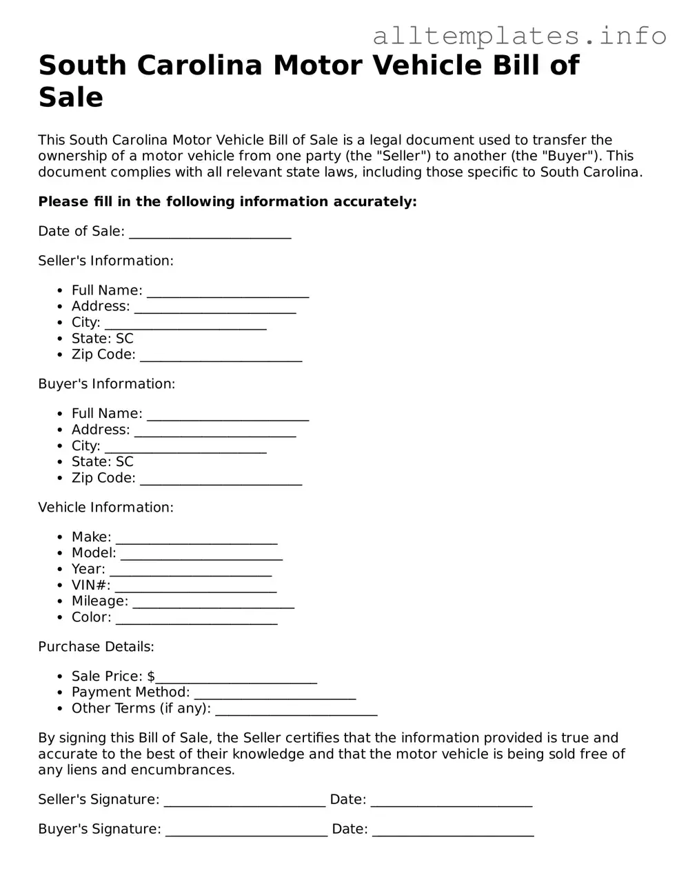 Attorney-Approved  Motor Vehicle Bill of Sale Document for South Carolina