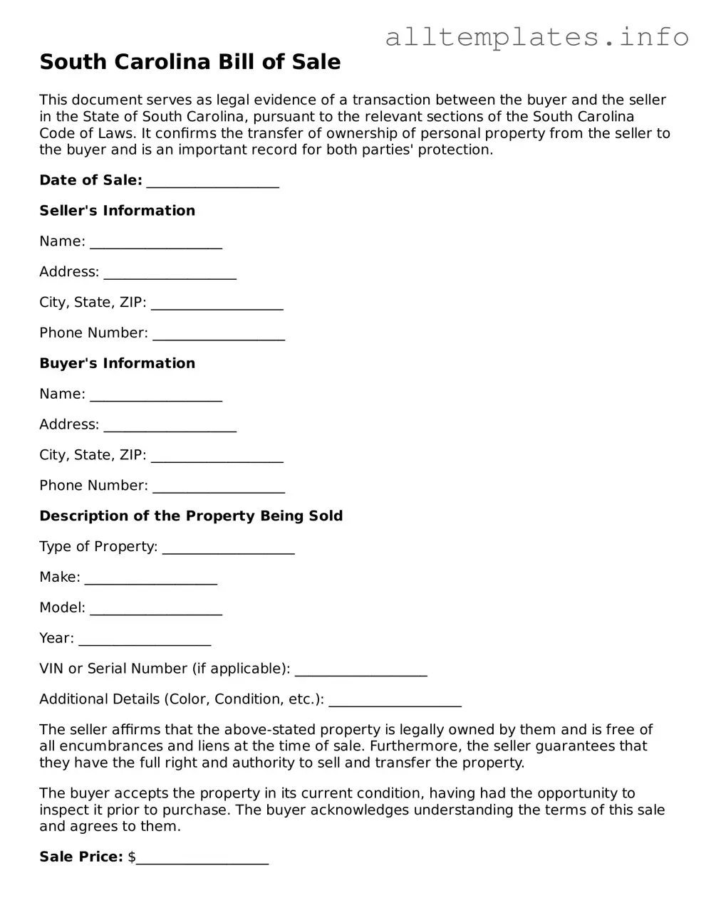 Attorney-Approved  Bill of Sale Document for South Carolina