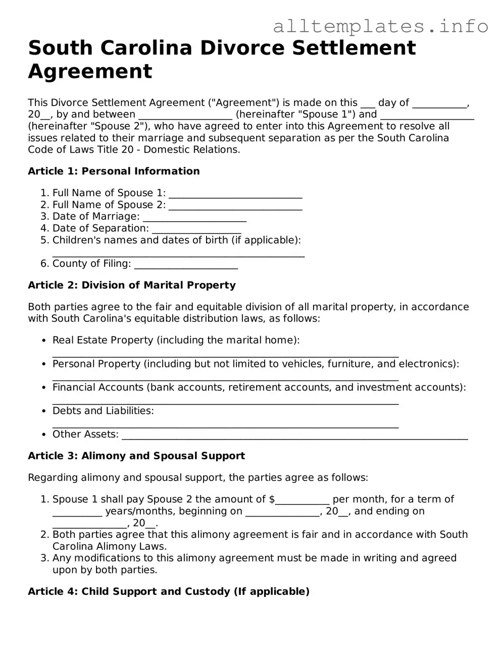 Attorney-Approved  Divorce Settlement Agreement Document for South Carolina