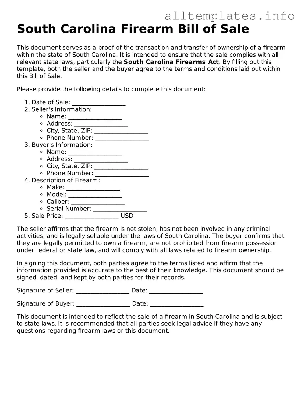 Attorney-Approved  Firearm Bill of Sale Document for South Carolina