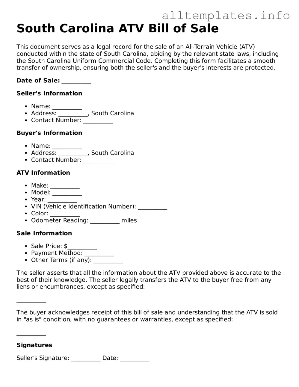 Attorney-Approved  ATV Bill of Sale Document for South Carolina