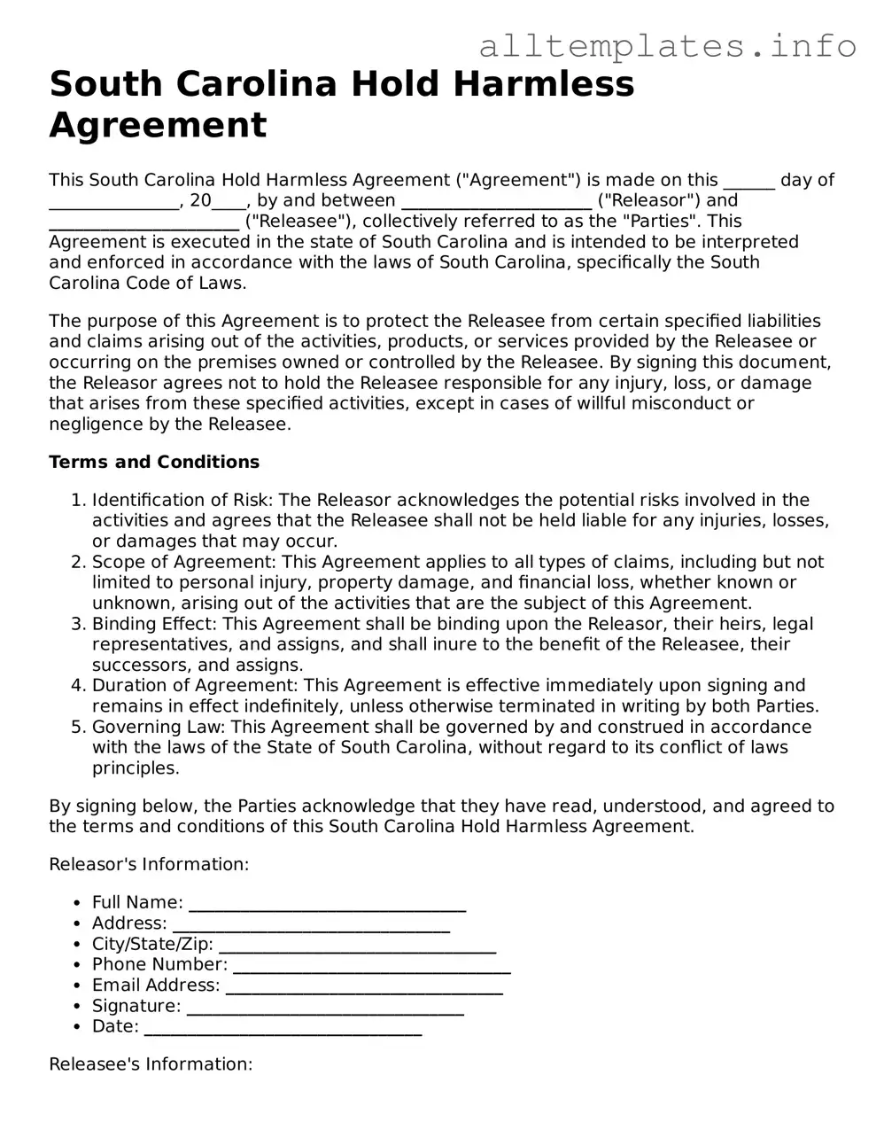 Attorney-Approved  Hold Harmless Agreement Document for South Carolina