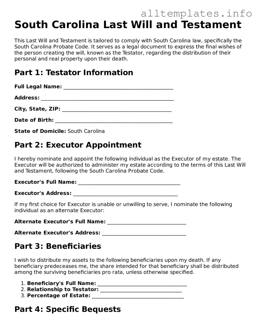 Attorney-Approved  Last Will and Testament Document for South Carolina