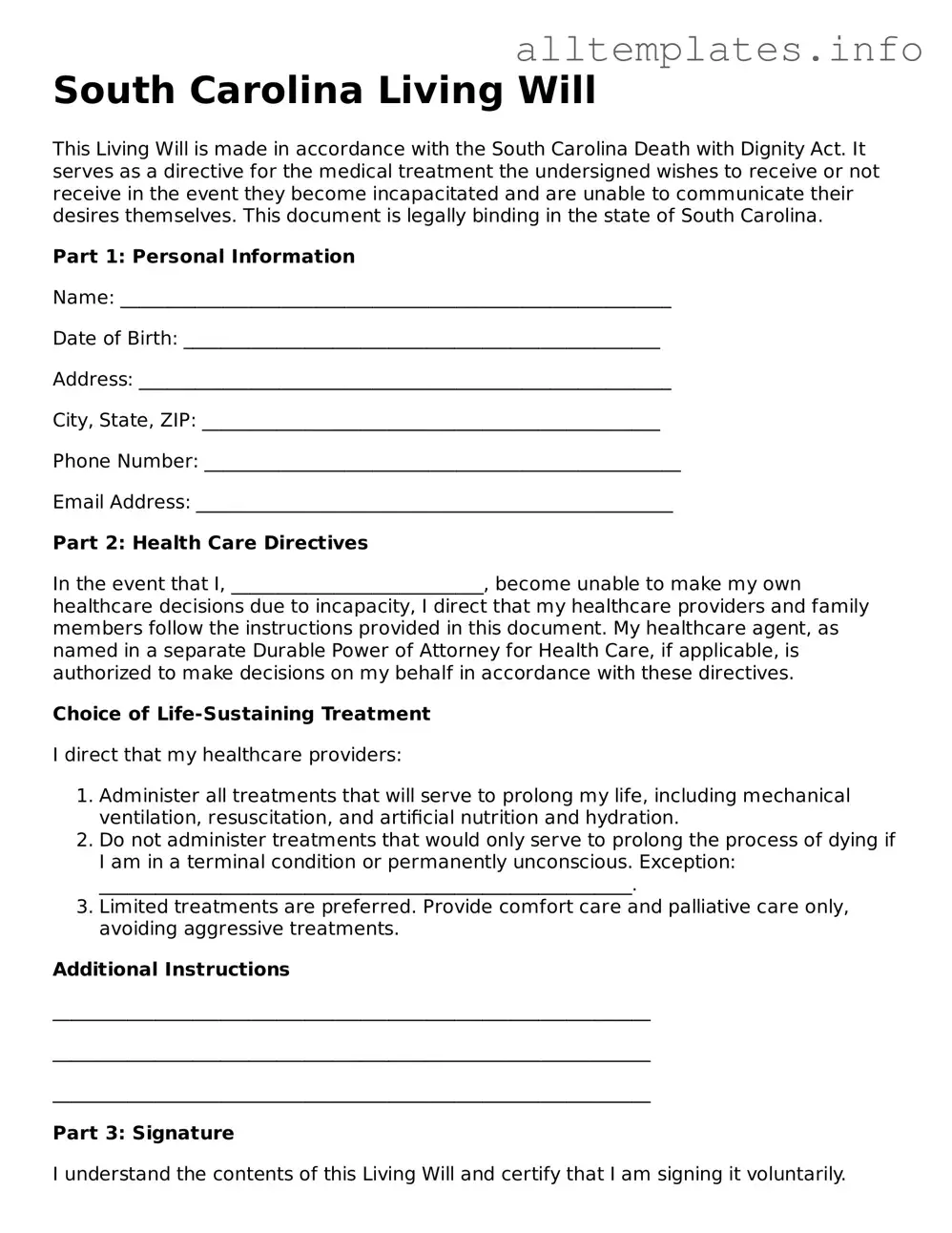 Attorney-Approved  Living Will Document for South Carolina
