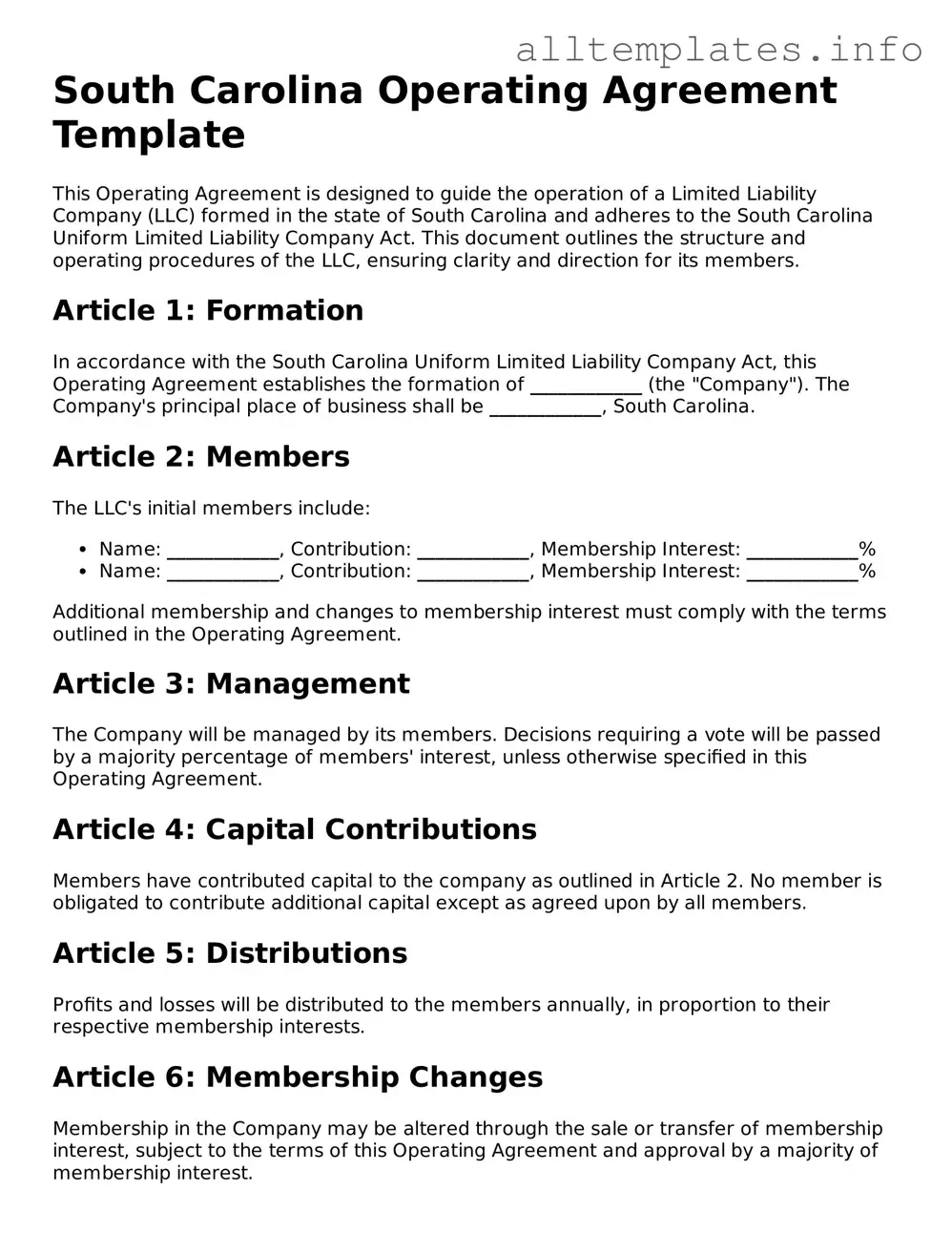 Attorney-Approved  Operating Agreement Document for South Carolina