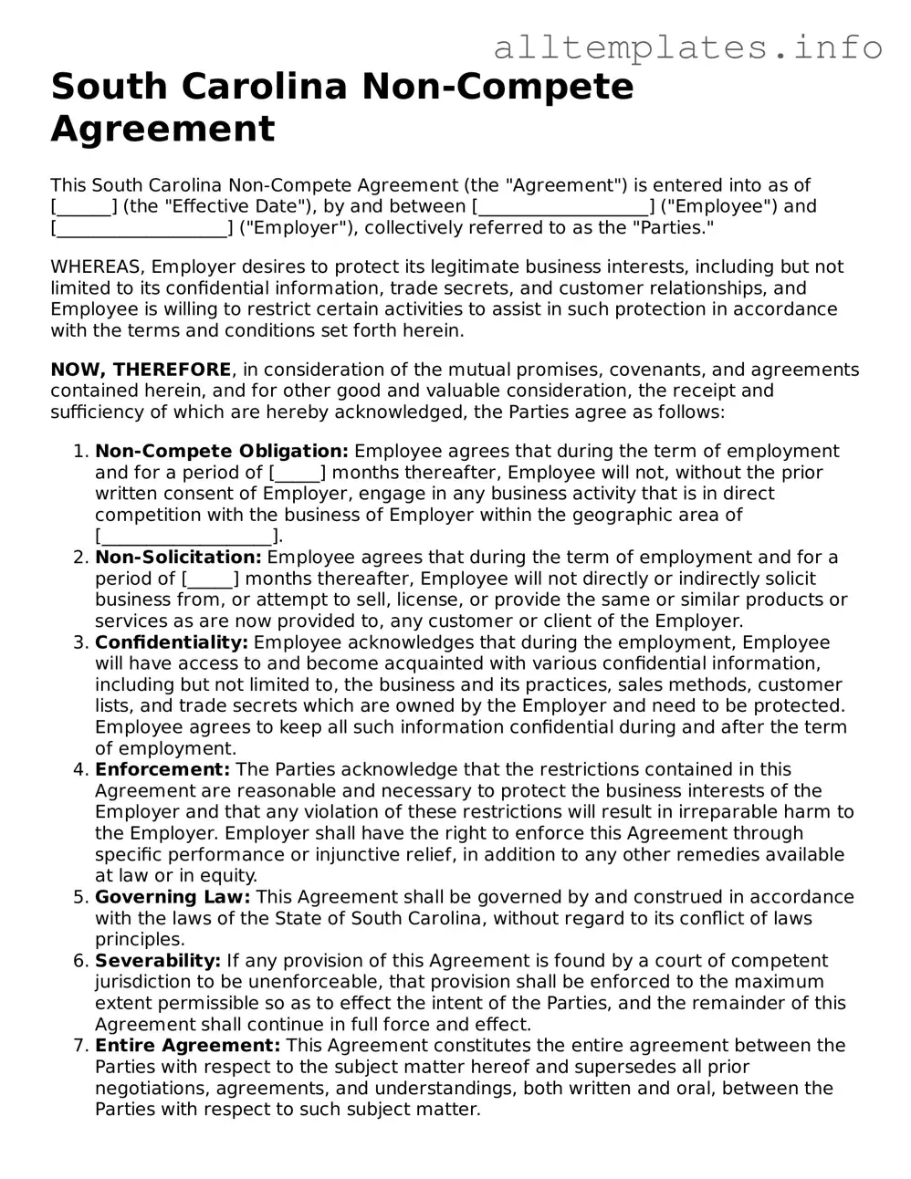 Attorney-Approved  Non-compete Agreement Document for South Carolina