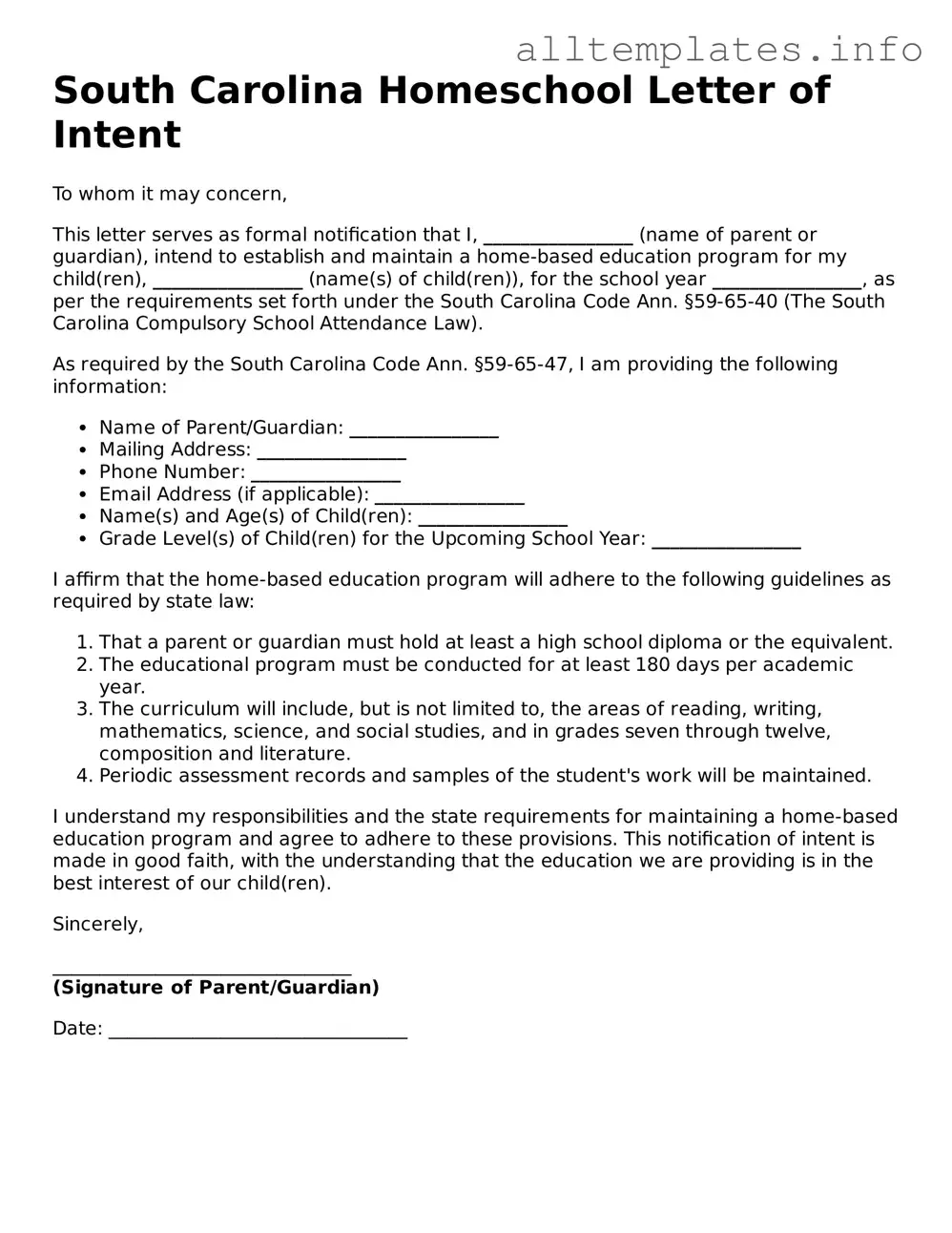 Attorney-Approved  Homeschool Letter of Intent Document for South Carolina