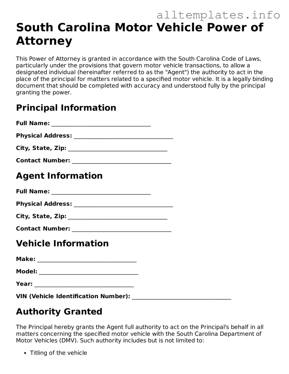 Attorney-Approved  Motor Vehicle Power of Attorney Document for South Carolina