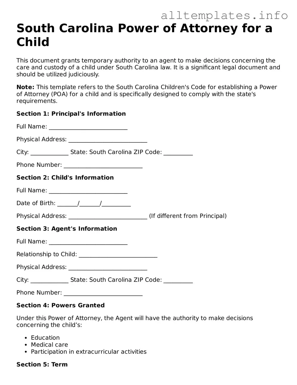 Attorney-Approved  Power of Attorney for a Child Document for South Carolina