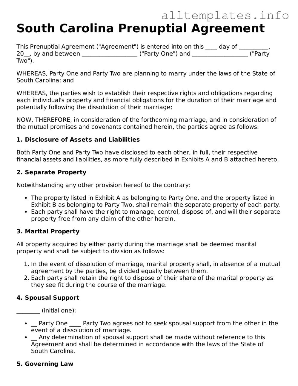 Attorney-Approved  Prenuptial Agreement Document for South Carolina