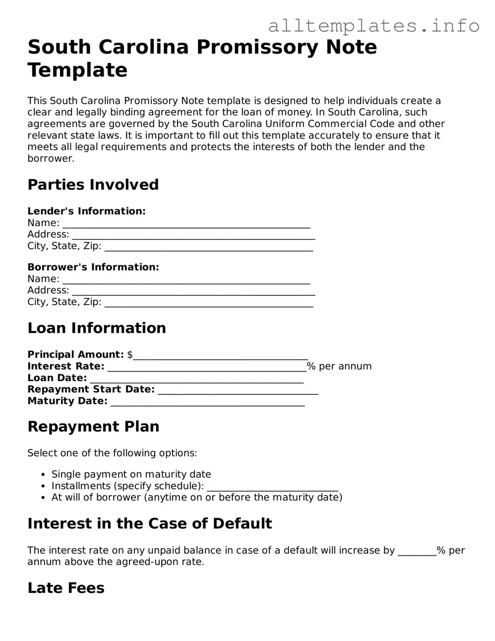 Attorney-Approved  Promissory Note Document for South Carolina