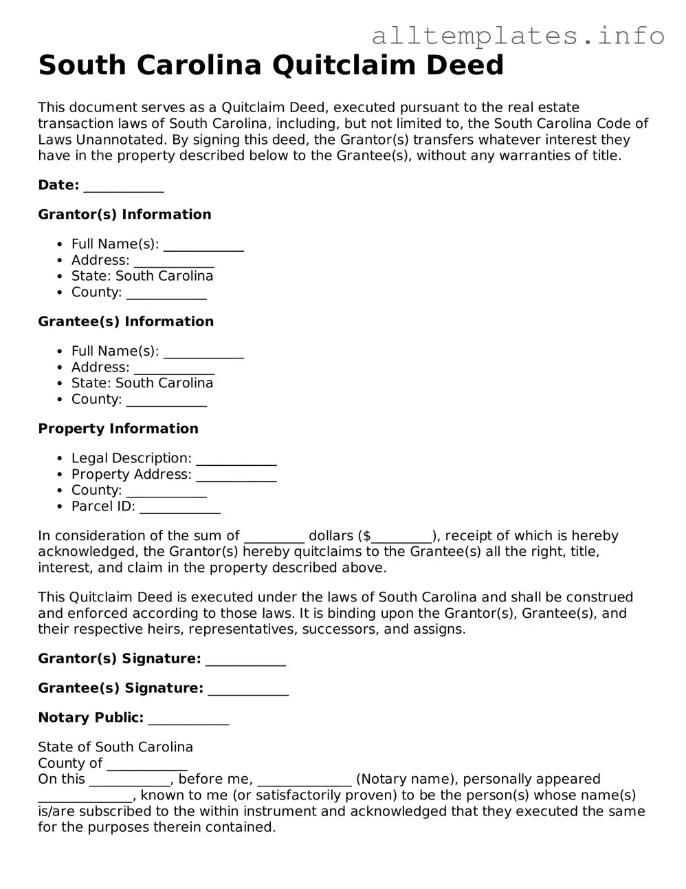Attorney-Approved  Quitclaim Deed Document for South Carolina