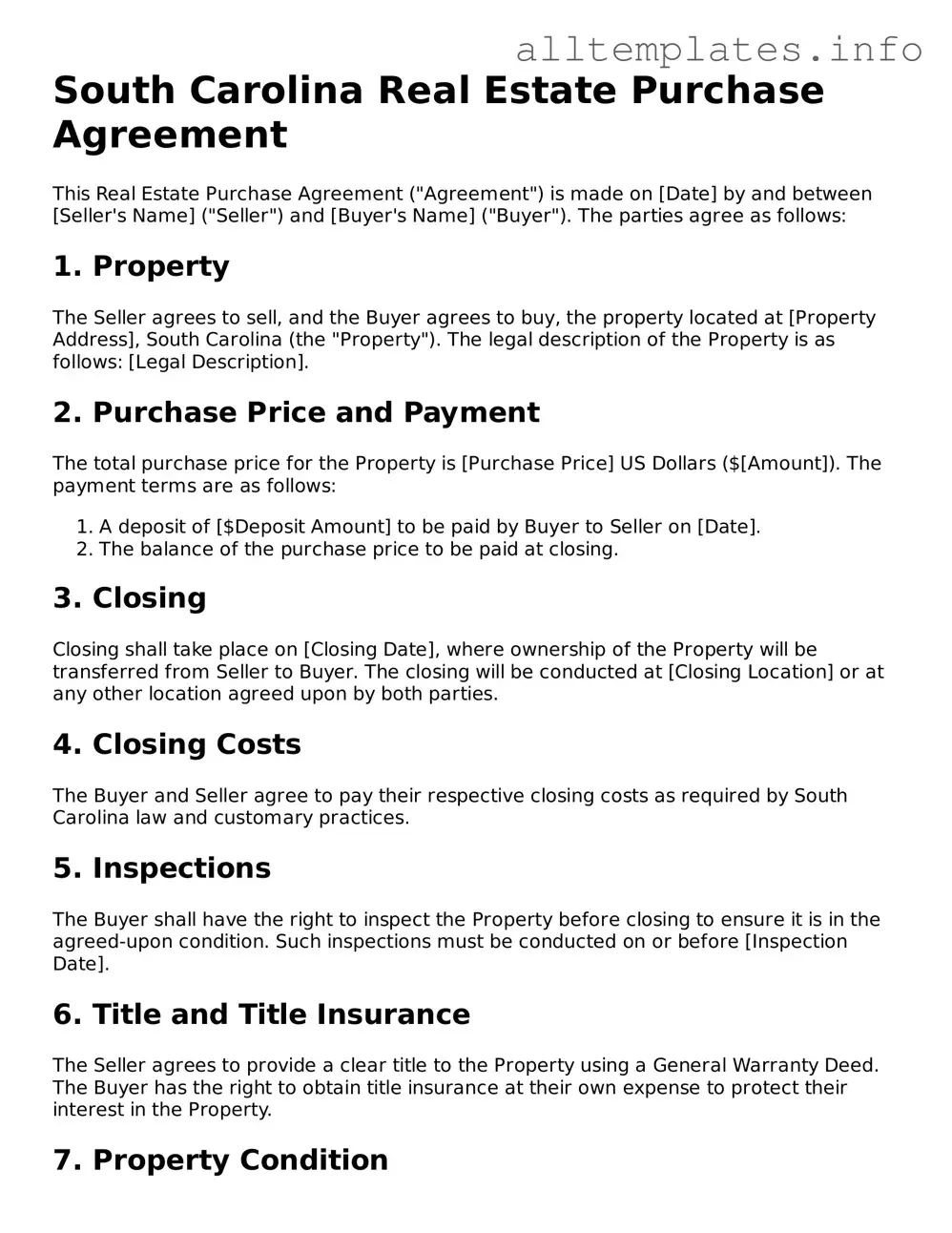 Attorney-Approved  Real Estate Purchase Agreement Document for South Carolina
