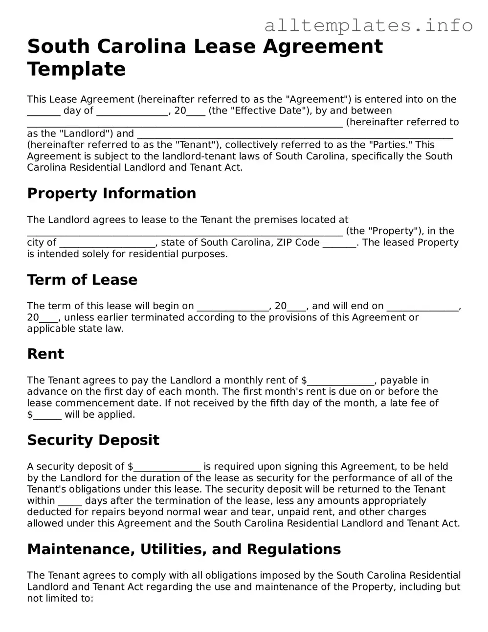 Attorney-Approved  Lease Agreement Document for South Carolina