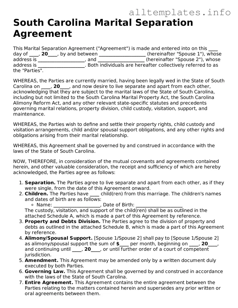 Attorney-Approved  Marital Separation Agreement Document for South Carolina