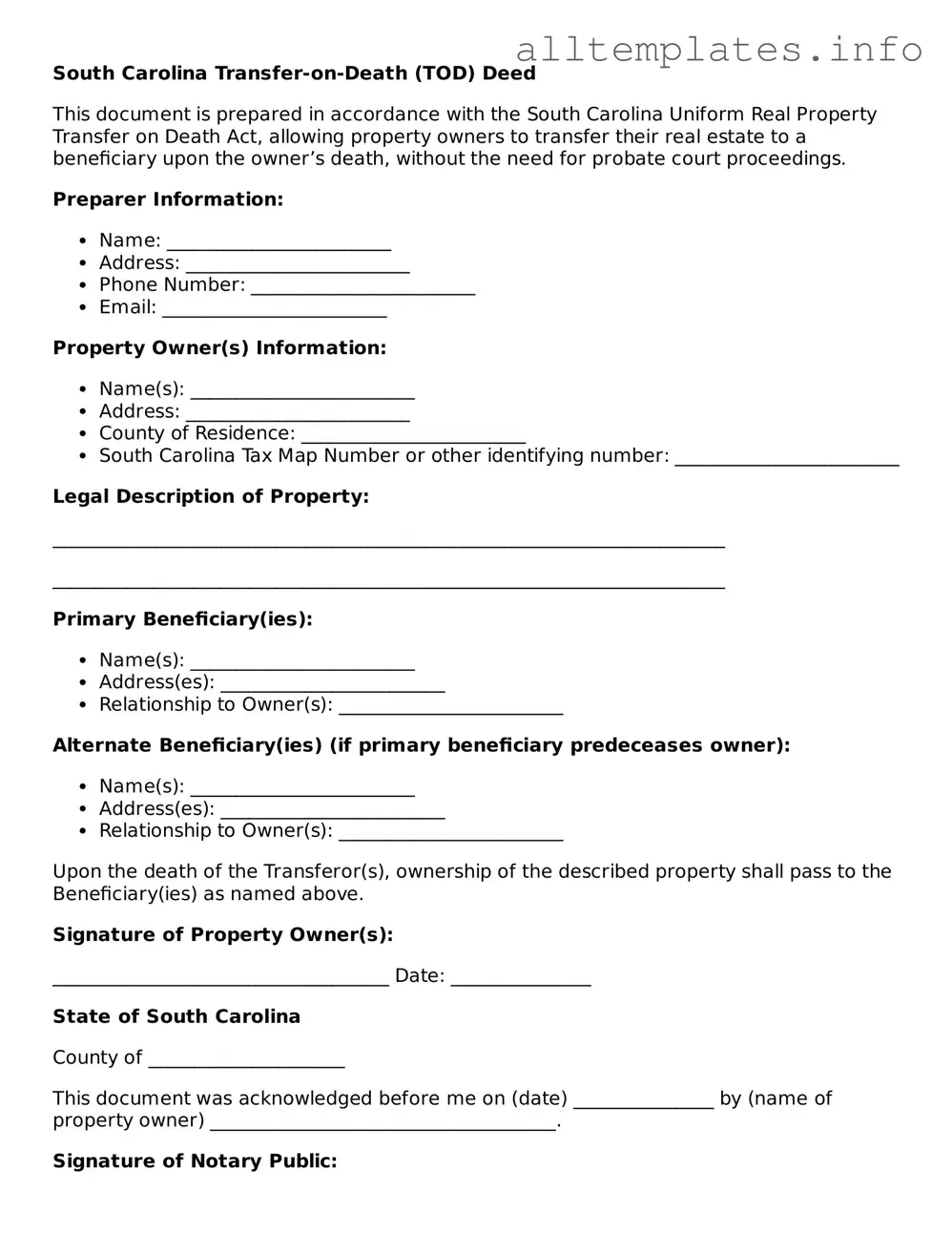 Attorney-Approved  Transfer-on-Death Deed Document for South Carolina