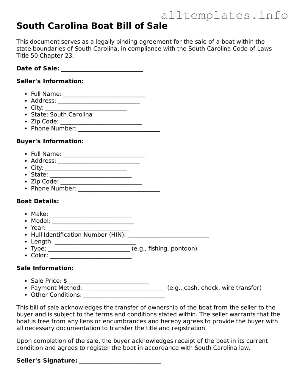 Attorney-Approved  Boat Bill of Sale Document for South Carolina