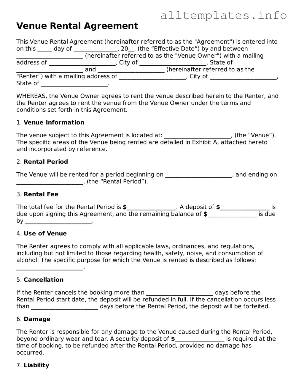 Fillable Venue Rental Agreement Document