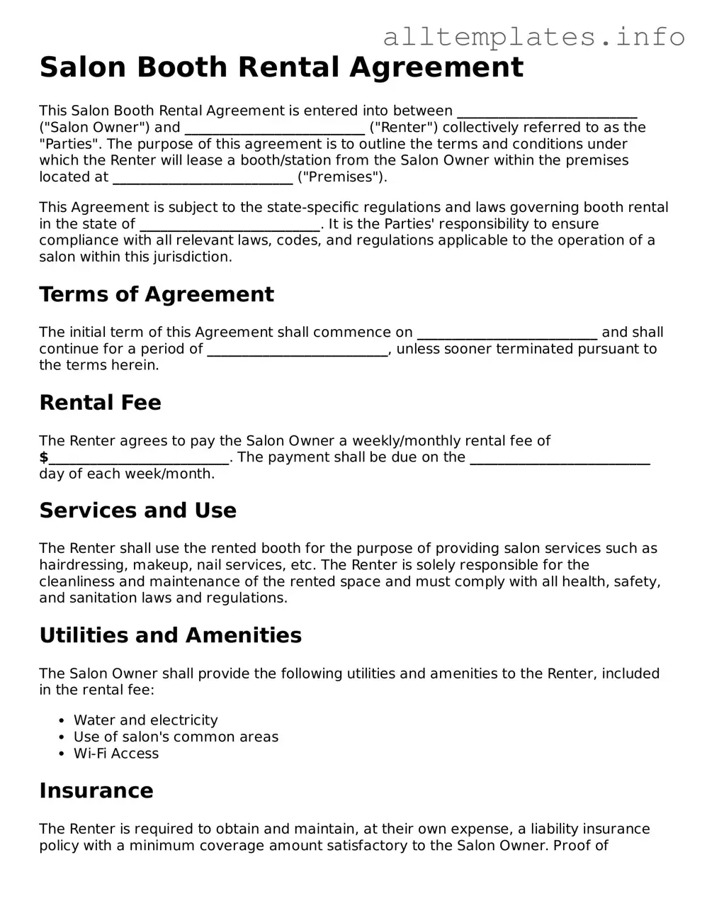 Fillable Salon Booth Rental Agreement Document
