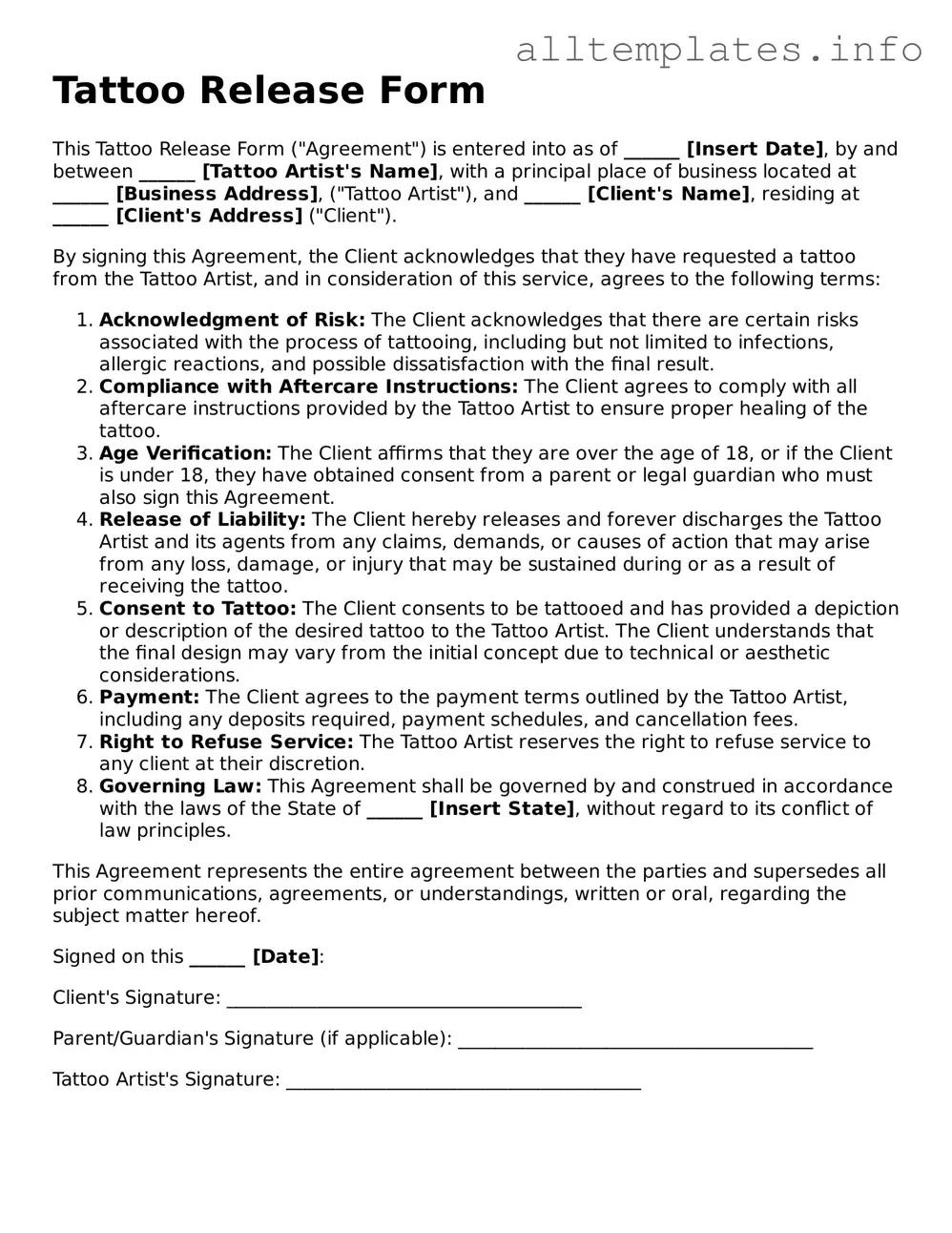 Fillable Tattoo Release Document
