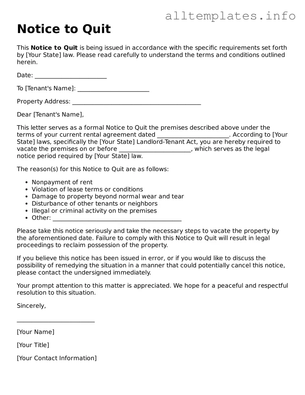Fillable Notice to Quit Document